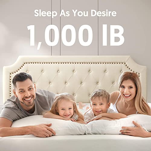 Bonsoir King Size Storage Bed Frame Upholstered Low Profile Traditional Platform With Tufted And Nail Headboard/No Box Spring Needed/4 Pull Out Drawers/Cream Color Linen Fabric (King Size) #TOP4