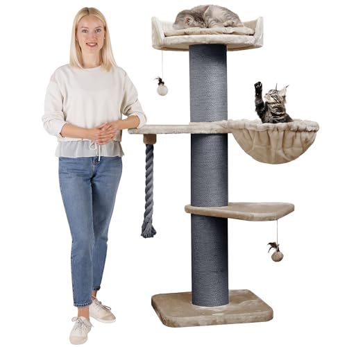 HAPPYPET Premium Kratzbaum Grosse Katzen Stabil 'Cooper' – 150 cm Großer Katzenbaum, Kletterbaum für Maine Coon, Natursisal, 20 cm Dicke Stämme - Cappuccino