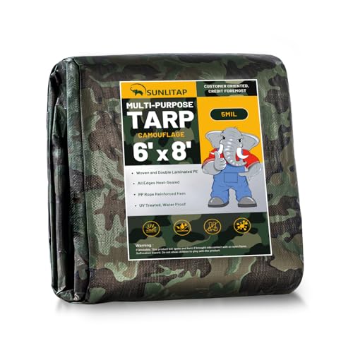 SUNLITAP Camouflage Tarp 6x8Ft Waterproof Tarps with Grommets Multipurpose Finished Size Tarps for Indoor and Outdoor Use 5 MIL Light Duty Tarpaulin for Car Camping Boat Roof Protective Cover