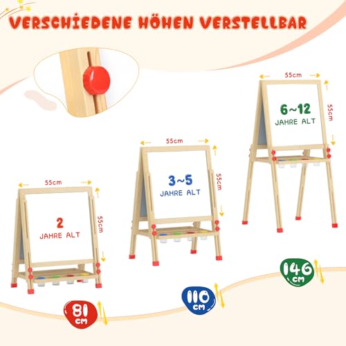 Dripex Kinder Tafel Holz Kindertafel Malerei Holztafel Doppelseitige Kreidetafel und Whiteboard Höhenverstellbar Standtafel mit 24Stk Zubehör (ab 3 Jahre)