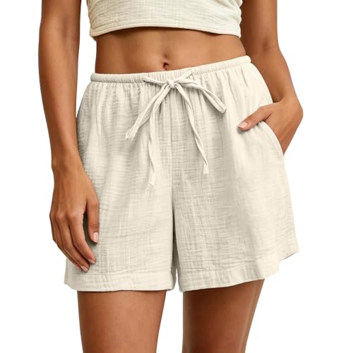 Znwerma Musselin Kurze Hose Damen Leinen Shorts Sommer Luftige Mit Taschen Bermuda Shorts Elegant Kurze Leinenhose Kordelzug Elastische Taille Short Sommerhose Gym Beach Sport Baumwolle Stoffhose