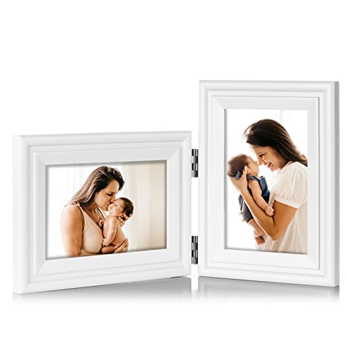 Tamolus 4x6 Double Hinged Picture Frame Folding Photo Frame Horizontal and Vertical in White Pine Wood with Real Glass for Tabletop X2-BAI-HS46