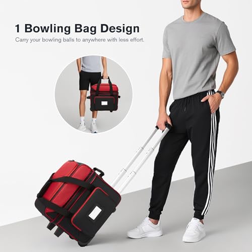 JMIANeodark Single Roller Bowling Bag with Wheels, 1 Bowling Ball Bag with Separate Shoe Compartment and Retractable Handle Extends to 37.0 Inches, Padded Foam Ball Insert (Red)