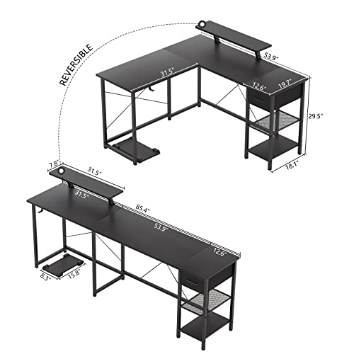 Nbtiger L Shaped Desk Corner Computer Desk Gaming Desk With Storage Shelves And Moniter Stand, Modern Home Office Workstation Writing Table, Revesible Space Saving Desk With Headset Hook, Black #TOP2