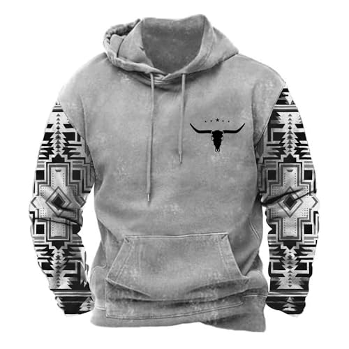 PORCLAY Mens Aztec Hoodie Western Cowboy Bull Skull Print Hooded Sweatshirt for Men Fashion Country Ethnic Oversized Pullover Shirts with Pocket 3XL
