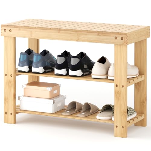 Sweetcrispy 3-Tier Shoe Rack Bench for Entryway, 27 Inches, Wood | Bamboo Shoe Storage Bench, Shoes Rack for Entrance, Bedroom, Living Room, Balcony, 6 Pairs, 286lb Capacity