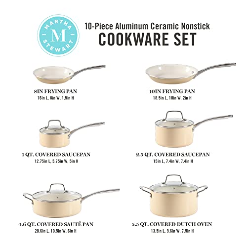 Martha Stewart Lockton Premium Nonstick Pfa Free Ceramic Interior 10 Piece Enamel Heavy Gauge Aluminum Cookware Set - Butter Cream #TOP1