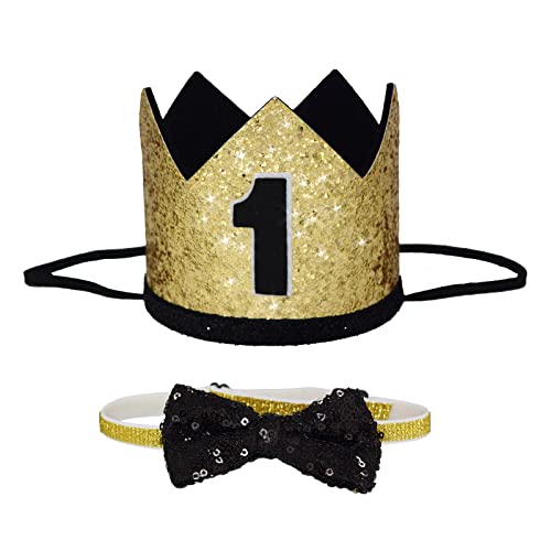 Maticr Mr Wonderful First Bday Crown & Bow Tie Set Baby Boys 1st Smash Cake Hats (Gold & Black 1)