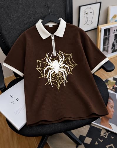 Image of AUSK Men's Spider Graphic Printed Polo T-Shirt | Cotton Blend Textured Regular Fit Half Sleeve Zip Polo Neck Casual T-Shirt for Men