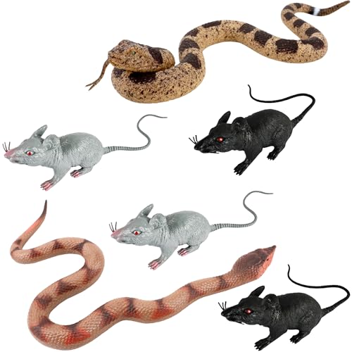 4 Pcs Halloween Fake Rat Realistic Mouse Plastic Fake Mice and 2 Pcs Fake Rubber Snakes Rattlesnake Realistic Reptiles for Garden Bird Halloween Prank Props Scare Toy