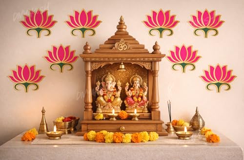 Image of Divyakosh Pink Lotus Wall Stickers for Wall Decor (12 Pieces, 3x3.5 Inch) | Puja Backdrop Decoration, Mandap, Temple Decor | Peel & Stick Lotus Stickers for Home & Festive