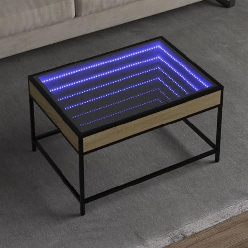 WRJENFSC Couchtisch mit Infinity LED Spiegel Sonoma-Eiche 70x50x41 cm Robuster Beistelltisch aus Holzwerkstoff und Glas mit RGB Beleuchtung für Wohnzimmer Schlafzimmer und Flur