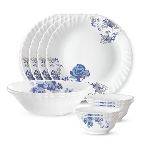Image of Larah by Borosil Fluted Series Blue Cascade Opalware Dinner Set | 10 Piece for Family of 4 | Microwave & Dishwasher Safe | Bone-Ash Free | Crockery Set for Dining & Gifting | Plates & Bowls | White
