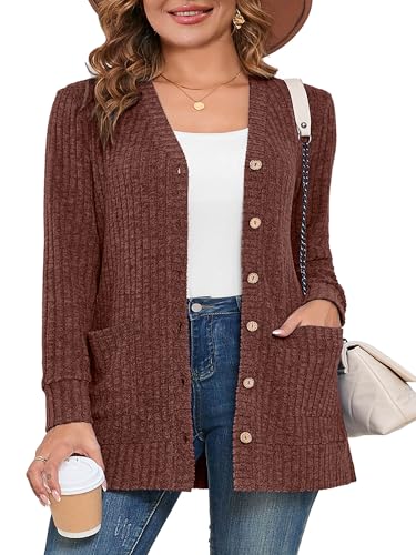 AusLook Plus Size Women Long Sleeve Cardigan Dark Coffe 3X Open Front Button Down Lightweight Casual Sweater Cover Ups Shrugs Shawls and Wraps Kimono Jacket Coat with Pockets