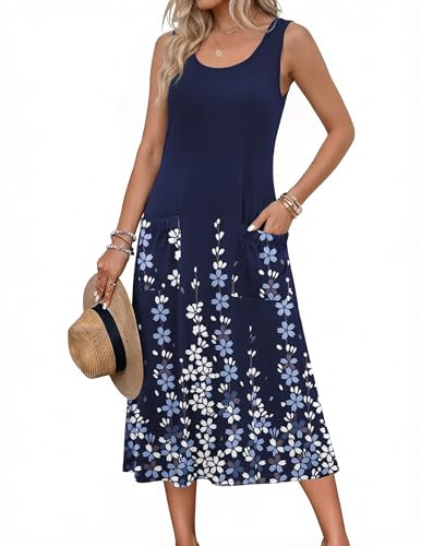 Image of Zeagoo Womens Summer Midi Dresses 2026 Casual Sleeveless Tank Sundresses A Line Crewneck Beach Vacation Dress with Pockets