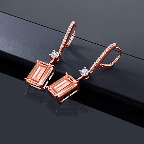 Gem Stone King 18K Rose Gold Plated Silver Emerald Cut Peach Nano Morganite and White Moissanite Dangle Earrings For Women | 13.36 Cttw | Emerald Cut 14X10MM4