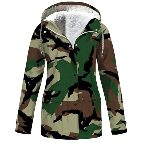 Generisch Chaqueta cortavientos de bicicleta para mujer al aire libre con cordón botones de tamaño grande con capucha a prueba de viento bolsillos abrigo impermeable desechable, camuflaje, L
