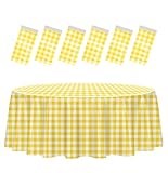 HEIPINIUYE 6 Pack Yellow and White Round Checkered Tablecloth 84 × 84 Yellow Plaid Table Cover Disposable Tablecloth for Round Tables Party Picnic Camping Birthday Plastic Gingham Table Cloth