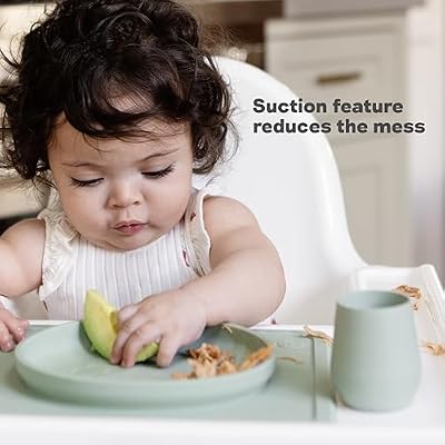 ezpz Tiny Plate (Sage) - 6 Months+ 100% Silicone Suction Placemat + Plate for Infants - Fits on Most Highchair Trays - Baby Led Weaning Supplies
