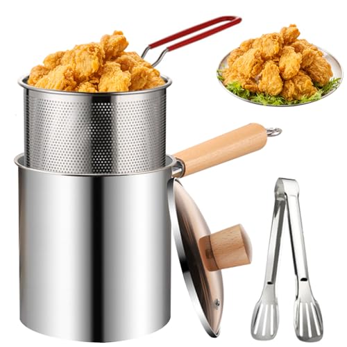 Hemore Olla de freidora Profunda, Olla de freidores de Acero Inoxidable de 3L con Canasta, Tapa y Pinzas, Boca Ancha de Pescado en la Boca Ancha para freír Pollo con camarones