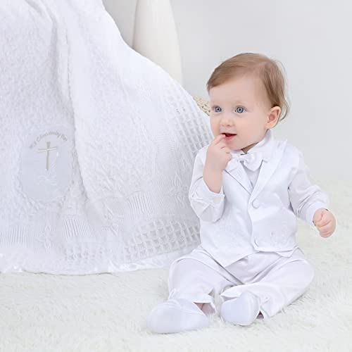 Booulfi Baby Blanket Newborn Unisex White Baby Blanket Shawl Knitted Baby Summer Autumn Winter Christening Blanket With Embroidered Cross #TOP4