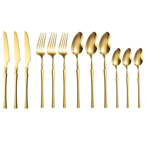 Image of aDai Aurum Gold Silverware Set | Satin Finish 12-Piece Korean Vintage Style Flatware Set | Dishwasher Safe Stainless Steel Cutlery for Home, Restaurant & Gifting