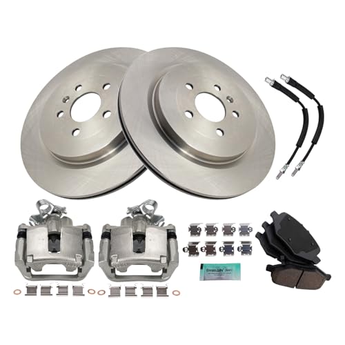 Image of TRQ Rear Brake Pad and Rotor Set Ceramic Rotors Calipers Compatible with 2013-2014 Ford Flex 2013-2018 Police Interceptor Sedan 2014-2018 Special Service Police Sedan Taurus