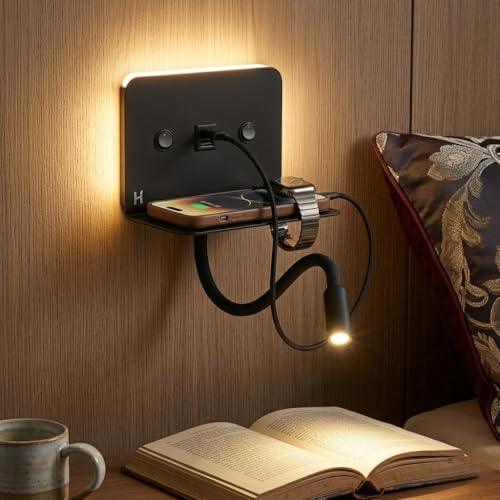 BARCELONA LED Applique Murale LED Noire en Fer avec Bras Orientable 3W + Lumière d’Ambiance 6W, Lampe de Lecture avec USB, Style Vintage Moderne Luxe pour Chambre et Hôtel