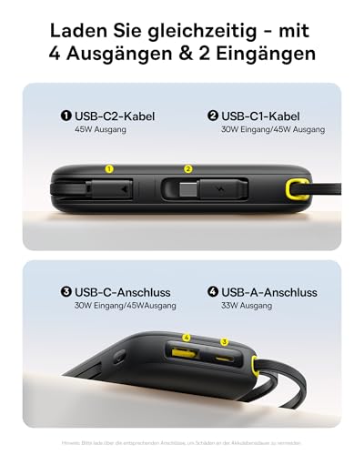 Baseus QPow3 Powerbank 45W 20000mAh mit 2 integriertem USB-C Kabel, Power Bank PD3.0 QC4.0, 3 USB C und 1 USB A, LED Display Schnellladefunktion für iPhone 16/15/14 Pro Max, iPad, Galaxy, Schwarz – Bild 6
