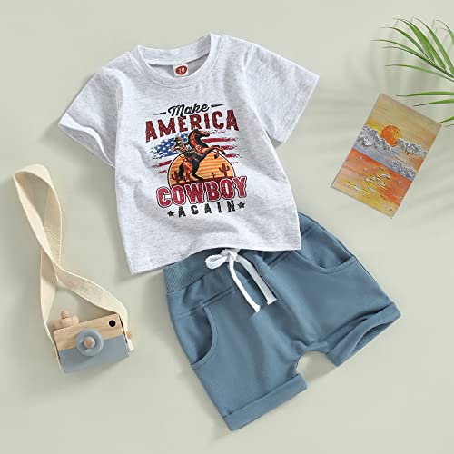 Yingisfitm 4Th/Fourth Of July Baby Boy Outfit Short Sleeve T Shirts Top Stars Stripes Shorts Summer Clothes Set (Grey Cowboy,18-24 Months) #TOP1