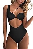 QINSEN Best Tummy Control Swimwear One Shouler Cutout Open Back Cheeky One Piece Swimsuit Black S