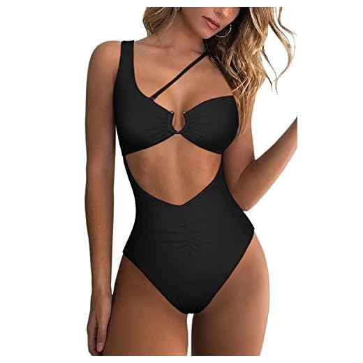 QINSEN Best Tummy Control Swimwear One Shouler Cutout Open Back Cheeky One Piece Swimsuit Black S