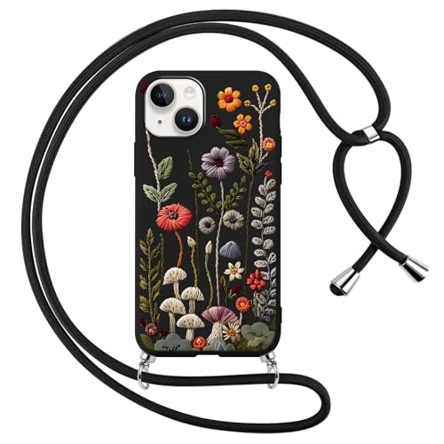 Votvloay Etui na telefon komórkowy z paskiem do iPhone 14/iPhone 13 6,1" Etui z paskiem, estetyczne etui z wzorem kwiatów z sznureczkiem do noszenia na ramieniu, miękkie etui z silikonu TPU z
