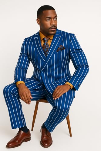 Men's Royal Blue Pinstripe Double-Breasted Suit - Bold Charcoal Stripe 1920s Gangster Fabric2