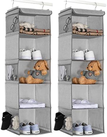 BrilliantJo 2 PCS Hanging Wardrobe Closet Storage with 5 Shelves Organiser, Storage Shelves Unit with 6 Pockets for Clothes - Light Grey(12 x 12 x 43 inch)