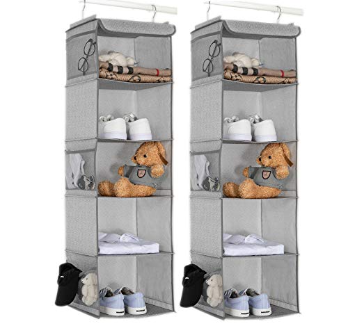 BrilliantJo 5 Shelves Hanging Closet Organizer, 2 Pack Hanging Storage with 6 Side Pockets for Clothes Bags, 108x30x30cm(Light Grey) by BrilliantJo - Used condition - CA$24.59