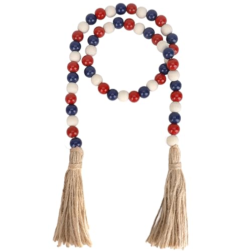 Independence Wooden Bead Garlands, 39 Inch Natural Wood Bead Garland with Rope Tassel, Rustic Independence Bead Garland for Tiered Tray Decor Farmhouse Home Kitchen Wall Hanging Decoration
