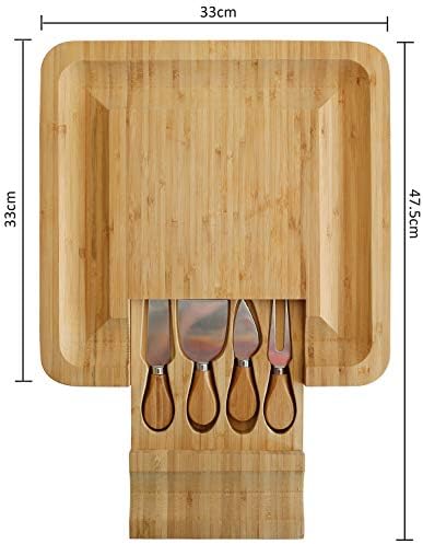 Harcas Bamboo Cheese Board and Knife Set Best for Serving Cheese, Crackers, Salami and Food. Size: 33cm x 33cm x 3.5cm. Christmas, Weddings and House Warming Gift