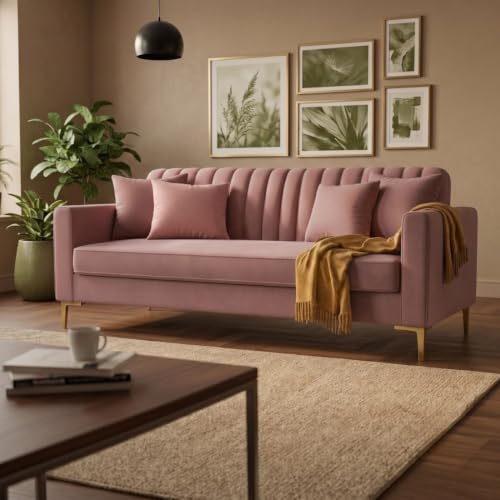 Image of Velum 3 Seater Sofa for Living Room & Office | Premium Fabric Upholstery | Solid Wood Frame | Comfortable Seating | 3 Years Warranty (Blush Pink, 3 Seater Sofa)