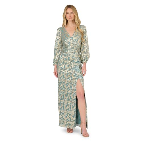 Image of Adrianna Papell Metallic Crinkle Gown Mint/Gold, Mintgold, 18
