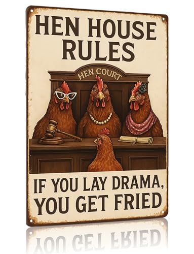 MAMAGIFTREE Chicken Coop/Kitchen Metal Sign, “Hen House Rules - If You Lay Drama You Get Fried”, 8x12 Inches Vintage Tin Sign, Farmhouse Wall Decor, Gifts for Chicken Lovers