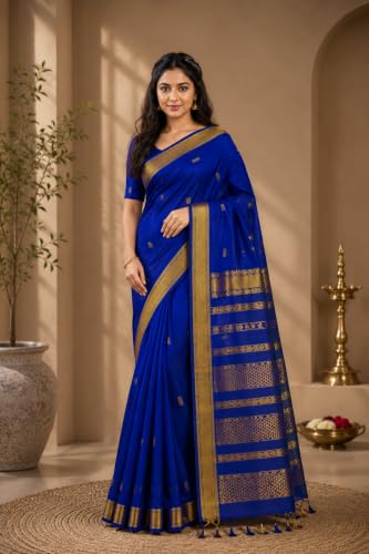 Image of Pure Kalyani Cotton Saree | Zari Border & Blouse Piece - Lata Gadwal Design | Traditional Saree