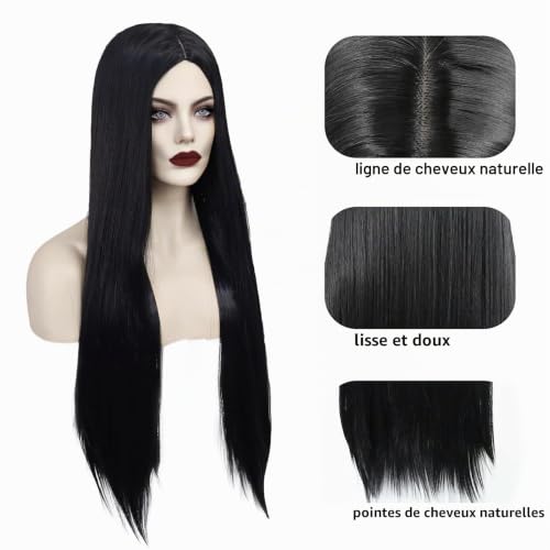 Huahuanghui Perruque Sorcière Noire Pour Femme, Ensemble De 1 Perruque Synthétique + 1 Cap + 1 Rose Artificielle Rouge, Taille 85 Cm, Idéal Pour Cosplay, Halloween Et Carnaval – vue 3