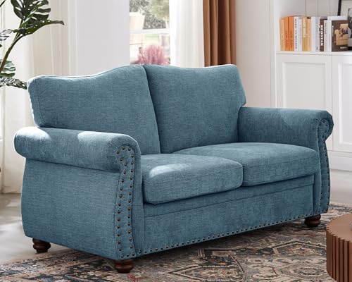 Image of ONBRILL Nailhead Sofa, 66 Inch Small Couch with Rolled Arms, Chenille Fabric Loveseat w /Springs Seat Cushion, Vintage Curved Back, Turned Wood Legs, Comfy Couch for Living Room, Farmhouse, Teal