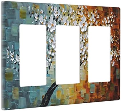 Contemporary Art White Flowers Trees Triple Rocker/Decora Wall Plates for Light Switches 3 Gang Wall Plate Abstract Landscape Paintings GFCI Electrical Outlet Cover for Bathroom Kitchen Home Decor
