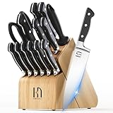 Knife Set, 15 Pcs Kitchen Knife Block Set, Enduring Razor-Sharp Japanese High Carbon Stainless Steel Chef Knife Set with Block and Sharpener, Premium Knives Set for Kitchen, Black Natural Wood
