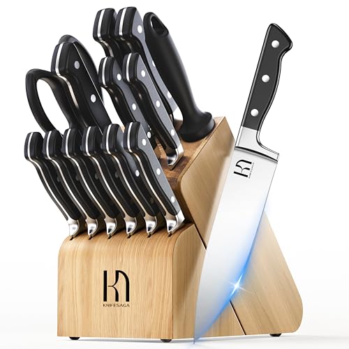 Image of Knife Set, 15 Pcs Kitchen Knife Block Set, Enduring Razor-Sharp Japanese High Carbon Stainless Steel Chef Knife Set with Block and Sharpener, Premium Knives Set for Kitchen, Black Natural Wood