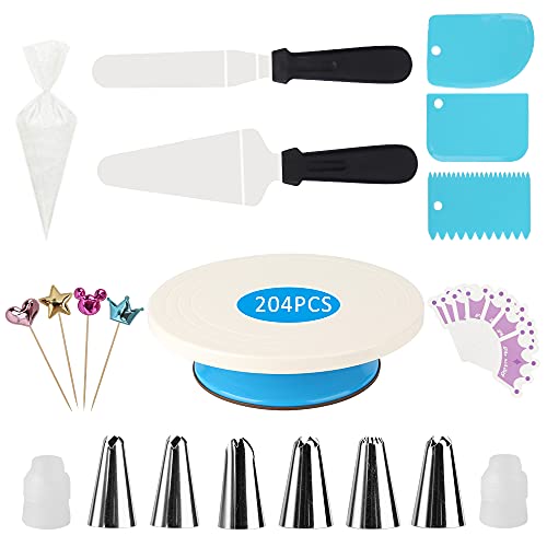 Ranchitel Cake Decorating Supplies, 204 Pcs Cake Decorating Kit with Cake Turntable, Piping Tips & Bags, Cake Scraper & Spatula and Other Baking Supplies for Beginners & Cake Lovers