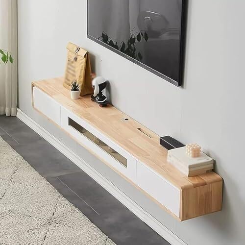 Mobile TV sospeso in legno massello, portaoggetti a parete con cassetti e ante, elegante organizer da 120 cm, per soggiorno e camera da letto, design salvaspazio