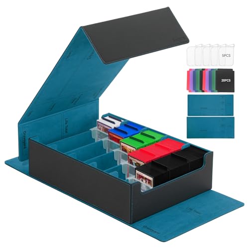 Trading Card Storage Box, 3800+ with 20 Colorful Dividers&5 Supporters, Leather Magnetic Closure Storage Box, Card Deck Box for YuGiOh, MTG, Black/Cyan